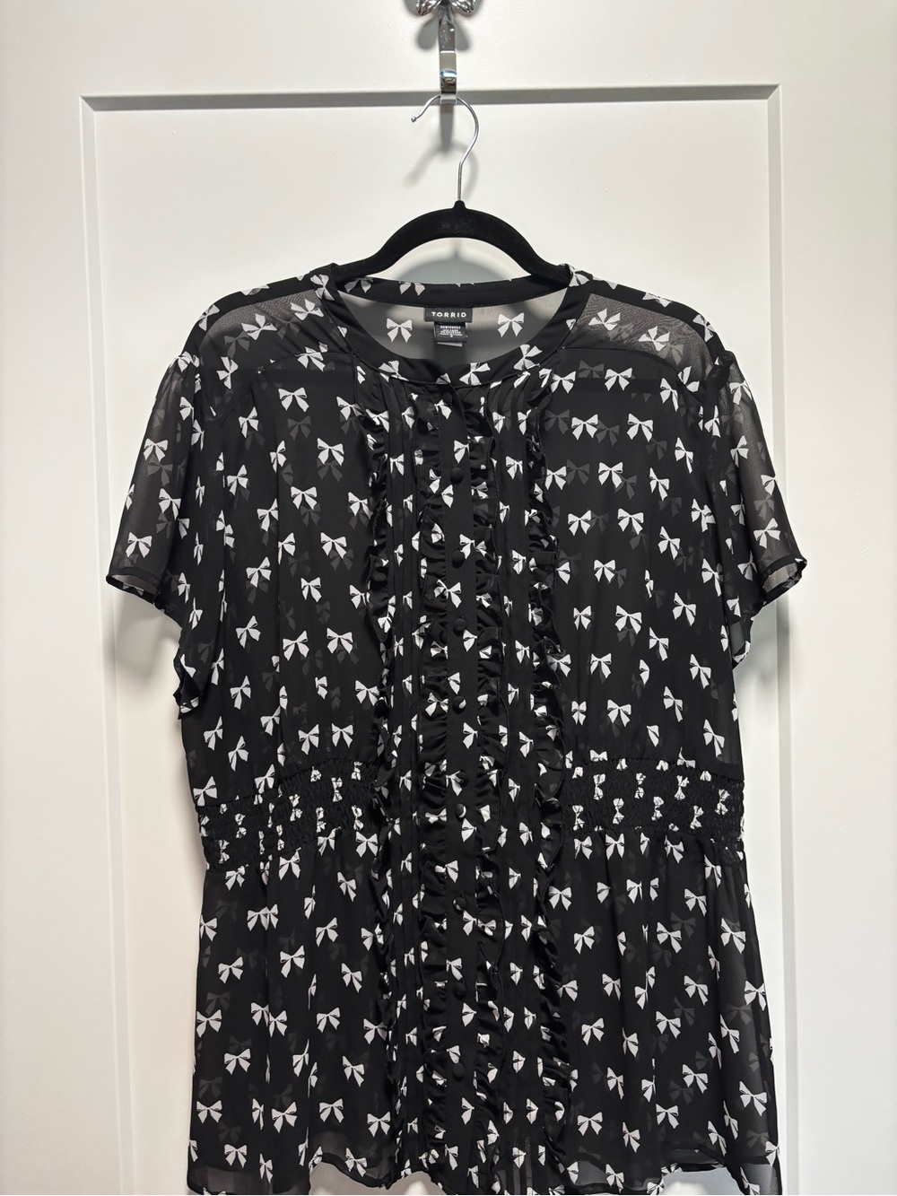 torrid Black Sheer Bow Print Ruffle Blouse